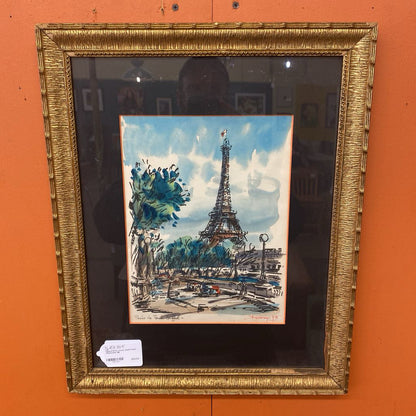Signed Eiffel Tower Gold Frame Watercolor