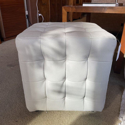 Kasala White Leather Tufted Cube Ottoman