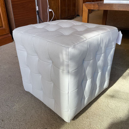 Kasala White Leather Tufted Cube Ottoman