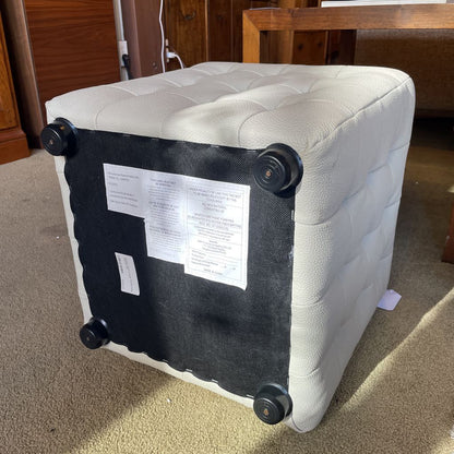 Kasala White Leather Tufted Cube Ottoman