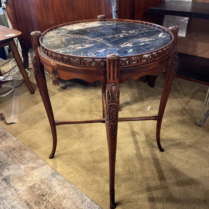 Circular Black Marble Ornate Carved Side Table