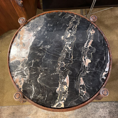 Circular Black Marble Ornate Carved Side Table