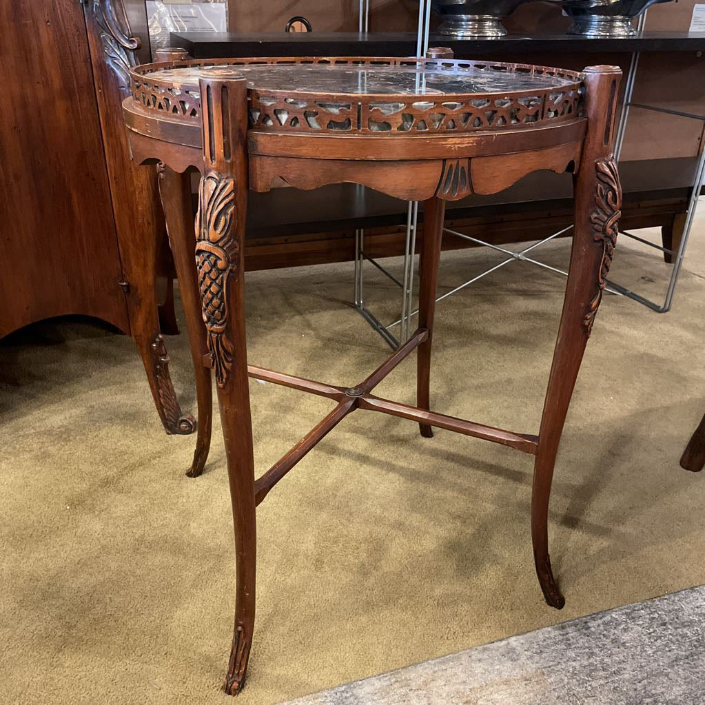 Circular Black Marble Ornate Carved Side Table
