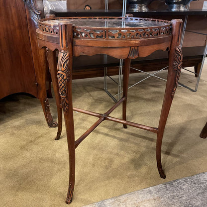 Circular Black Marble Ornate Carved Side Table