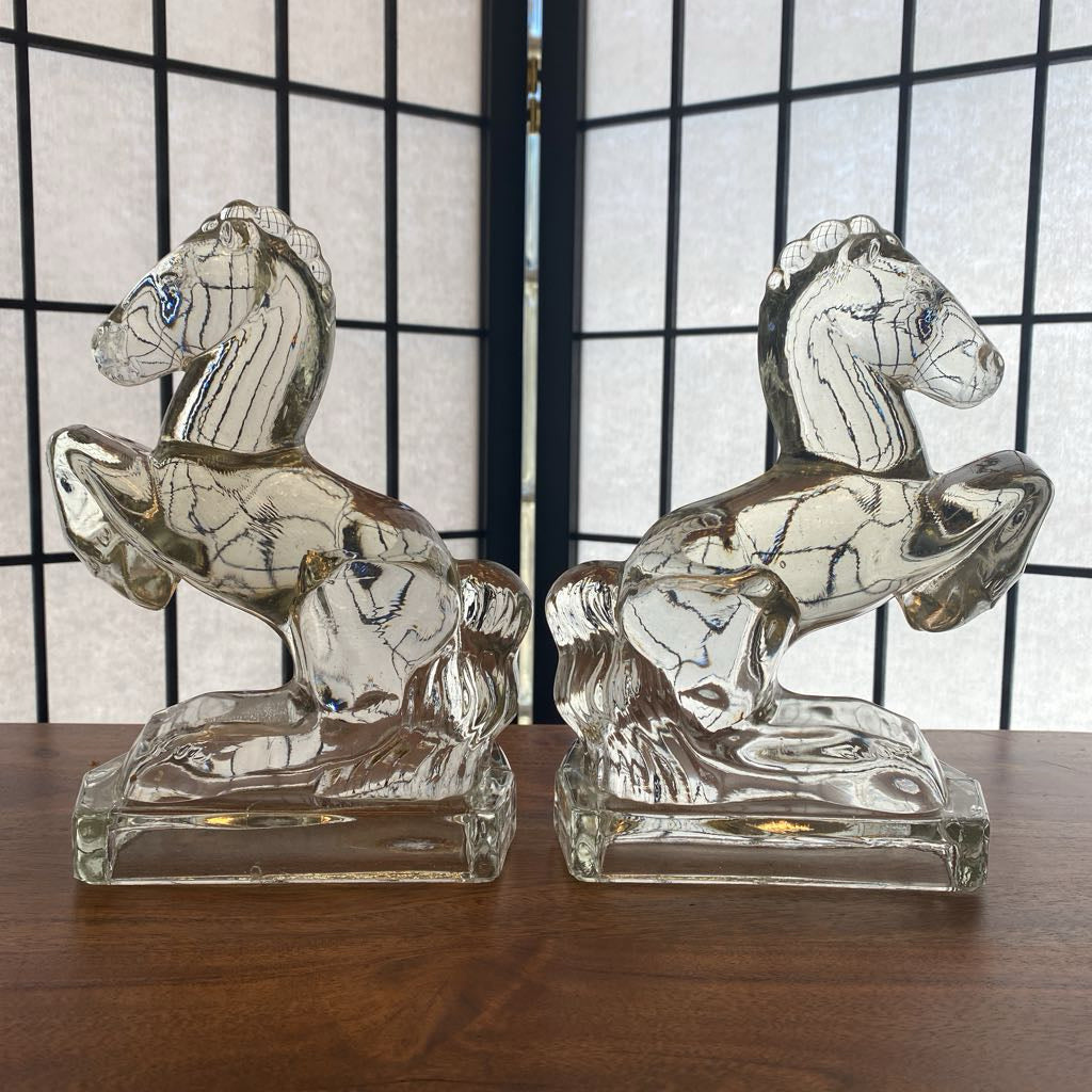 Vintage Clear Glass Horses Bookends PAIR