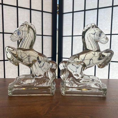 Vintage Clear Glass Horses Bookends PAIR