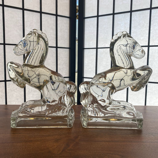 Vintage Clear Glass Horses Bookends PAIR SMALLS