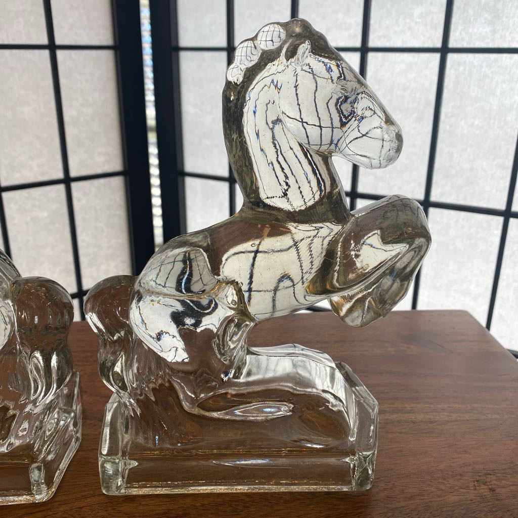 Vintage Clear Glass Horses Bookends PAIR