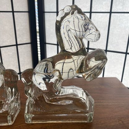 Vintage Clear Glass Horses Bookends PAIR