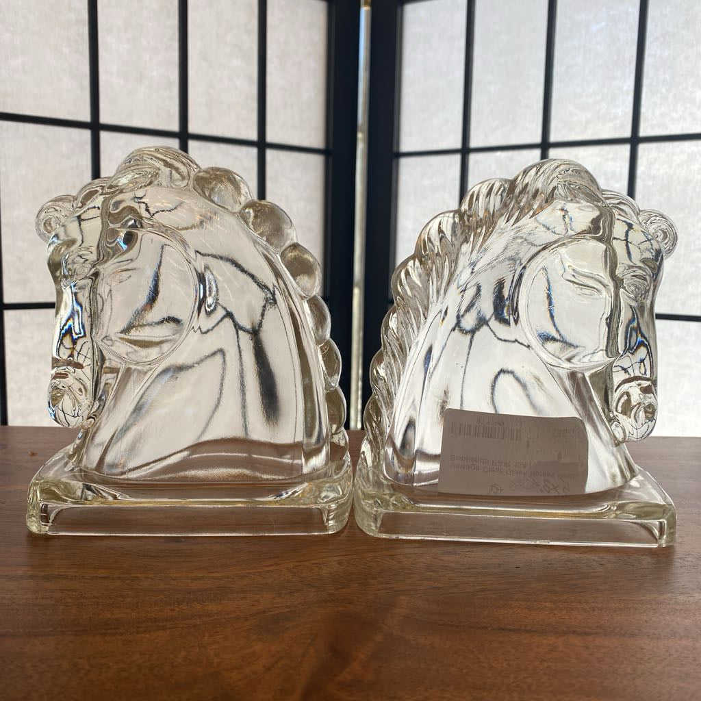 Vintage Clear Glass Horses Heads Bookends PAIR
