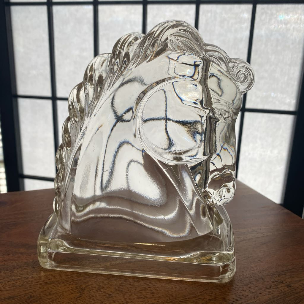 Vintage Clear Glass Horses Heads Bookends PAIR