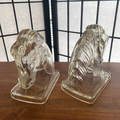 Vintage Clear Glass Horses Heads Bookends PAIR