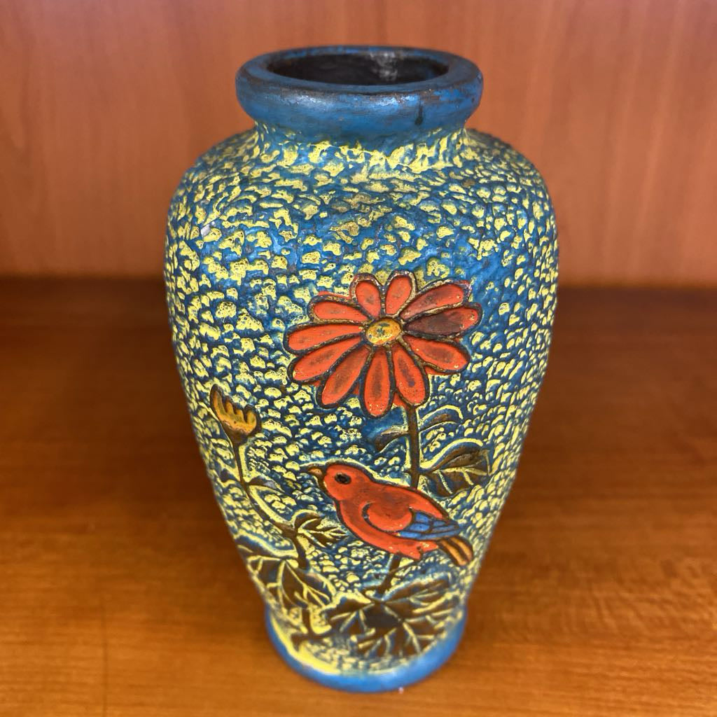 Small Blue Yellow & Red Japanese Birdie Bud Vase
