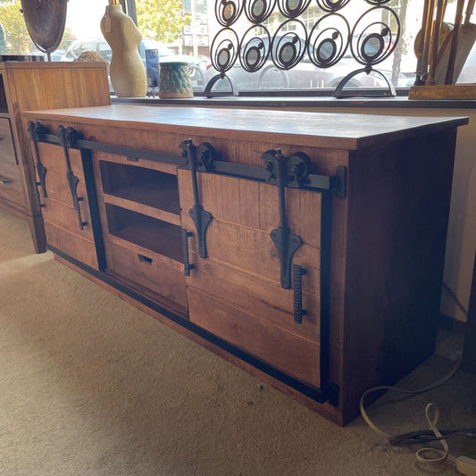 Rustic Sliding Door Wood Media Console C CONSOLE TABLES