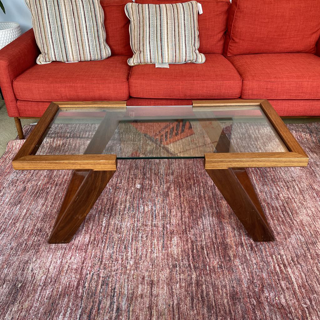 Black Walnut Angled Leg Glass Top Coffee Table (as is) C COFFEE TABLES