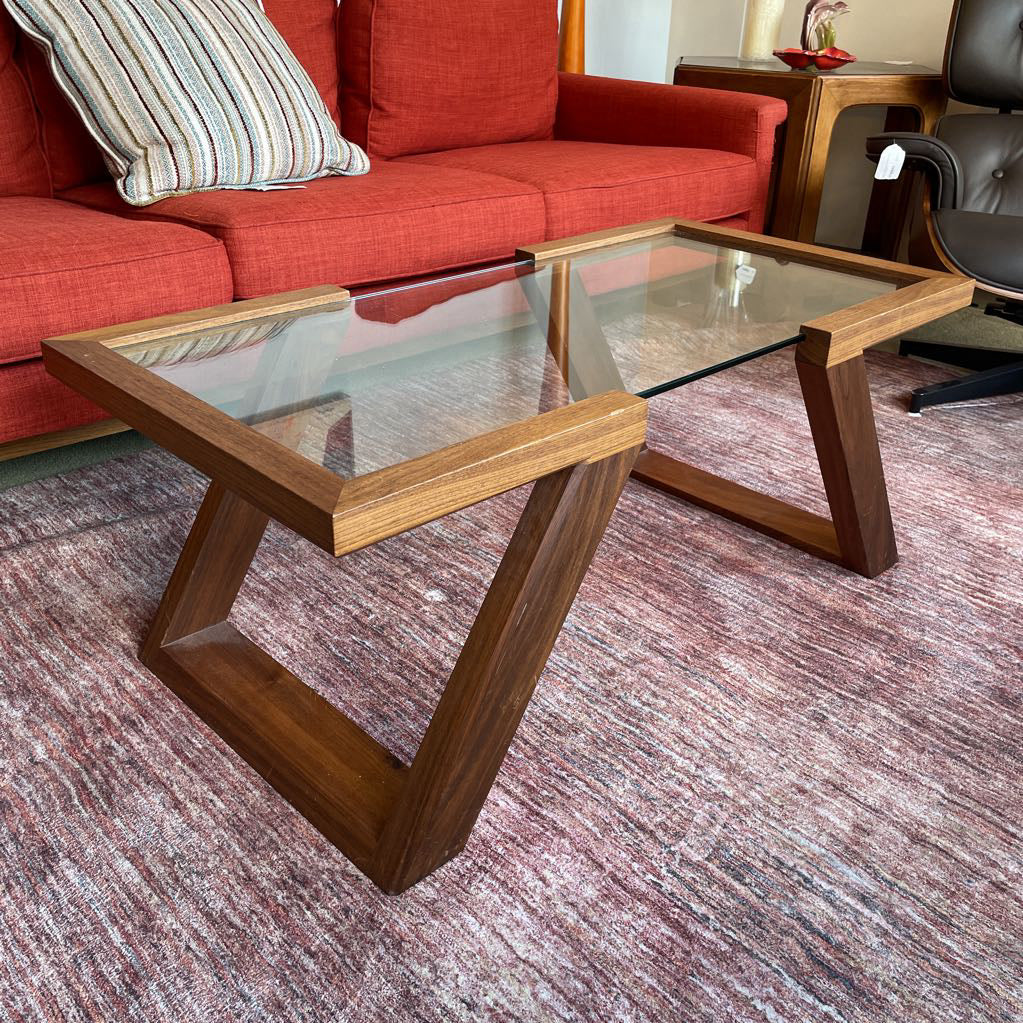 Black Walnut Angled Leg Glass Top Coffee Table (as is) C COFFEE TABLES