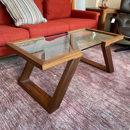 Black Walnut Angled Leg Glass Top Coffee Table (as is) C COFFEE TABLES