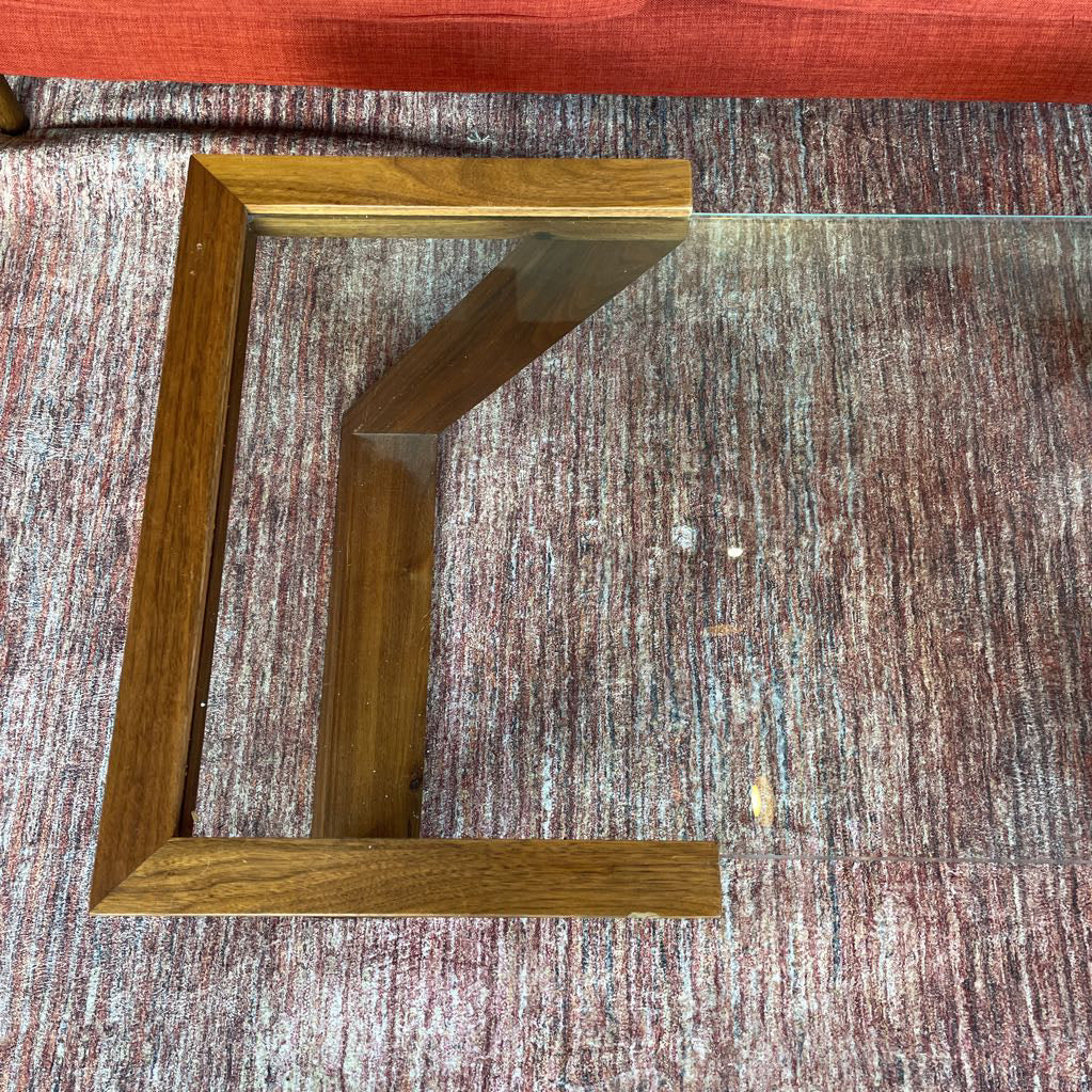 Black Walnut Angled Leg Glass Top Coffee Table (as is) C COFFEE TABLES