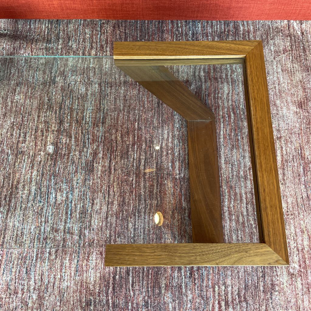 Black Walnut Angled Leg Glass Top Coffee Table (as is) C COFFEE TABLES