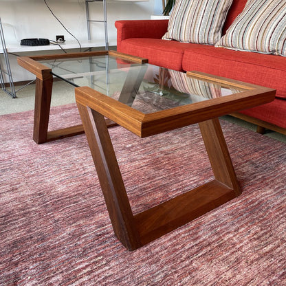 Black Walnut Angled Leg Glass Top Coffee Table (as is) C COFFEE TABLES