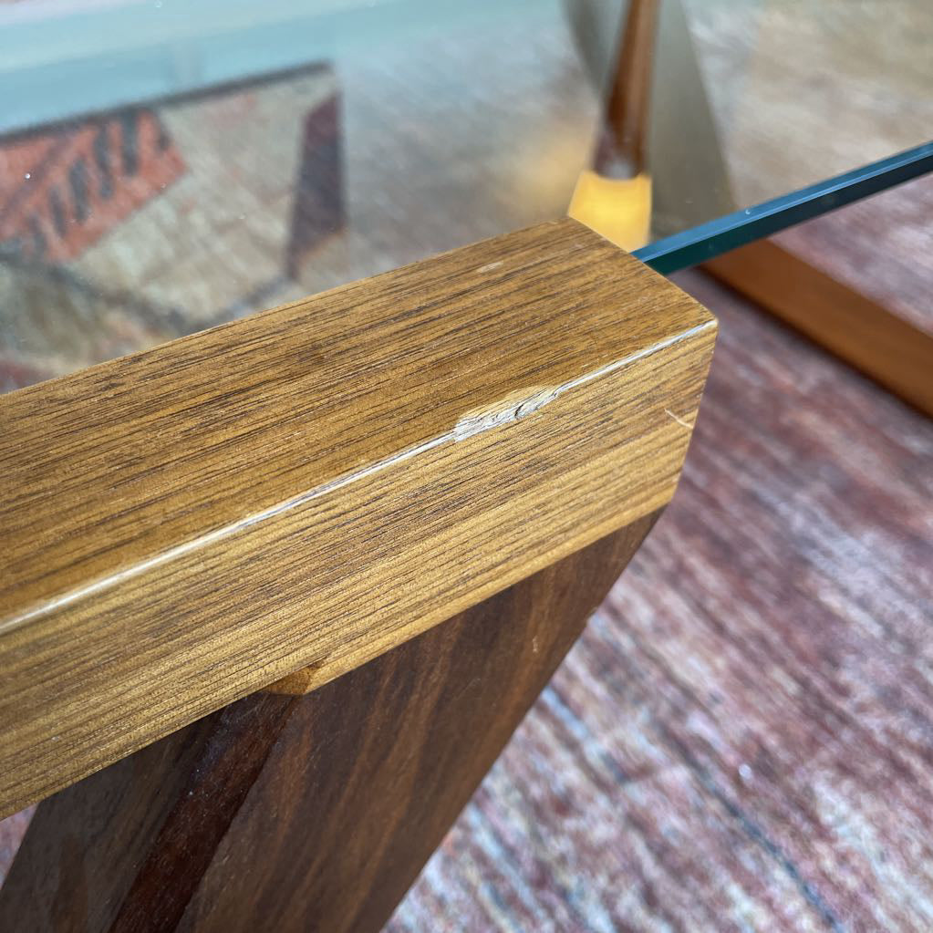 Black Walnut Angled Leg Glass Top Coffee Table (as is) C COFFEE TABLES