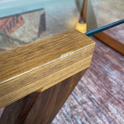 Black Walnut Angled Leg Glass Top Coffee Table (as is) C COFFEE TABLES