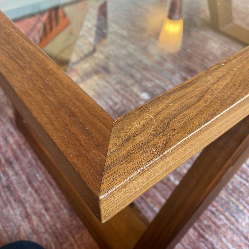 Black Walnut Angled Leg Glass Top Coffee Table (as is) C COFFEE TABLES