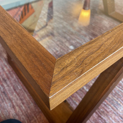 Black Walnut Angled Leg Glass Top Coffee Table (as is) C COFFEE TABLES