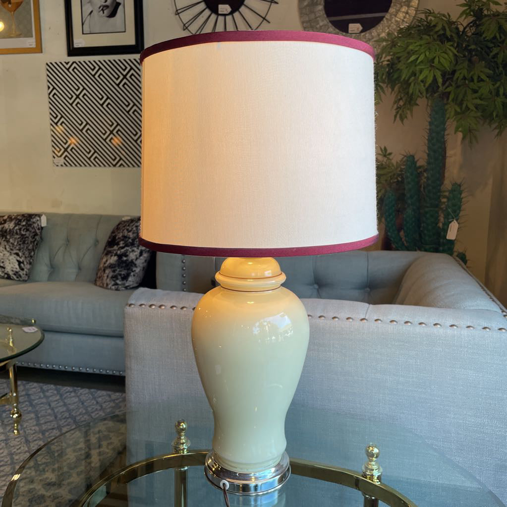 Ecru Glass Vessel Table Lamp w Red Trim Shade LAMPS