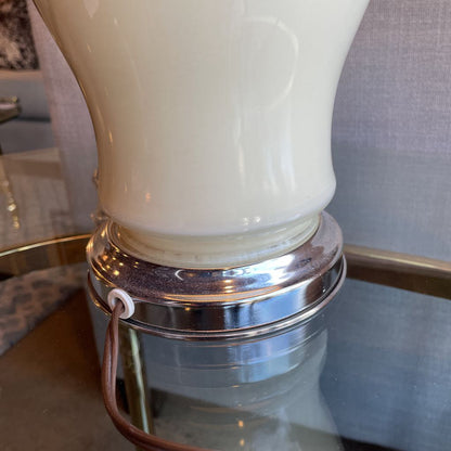 Ecru Glass Vessel Table Lamp w Red Trim Shade LAMPS