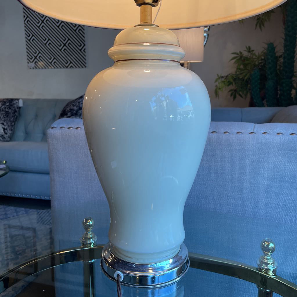 Ecru Glass Vessel Table Lamp w Red Trim Shade LAMPS