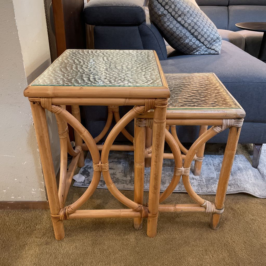 Rattan Nesting Tables w Textured Glass set of 2
