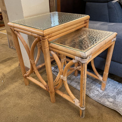 Rattan Nesting Tables w Textured Glass set of 2
