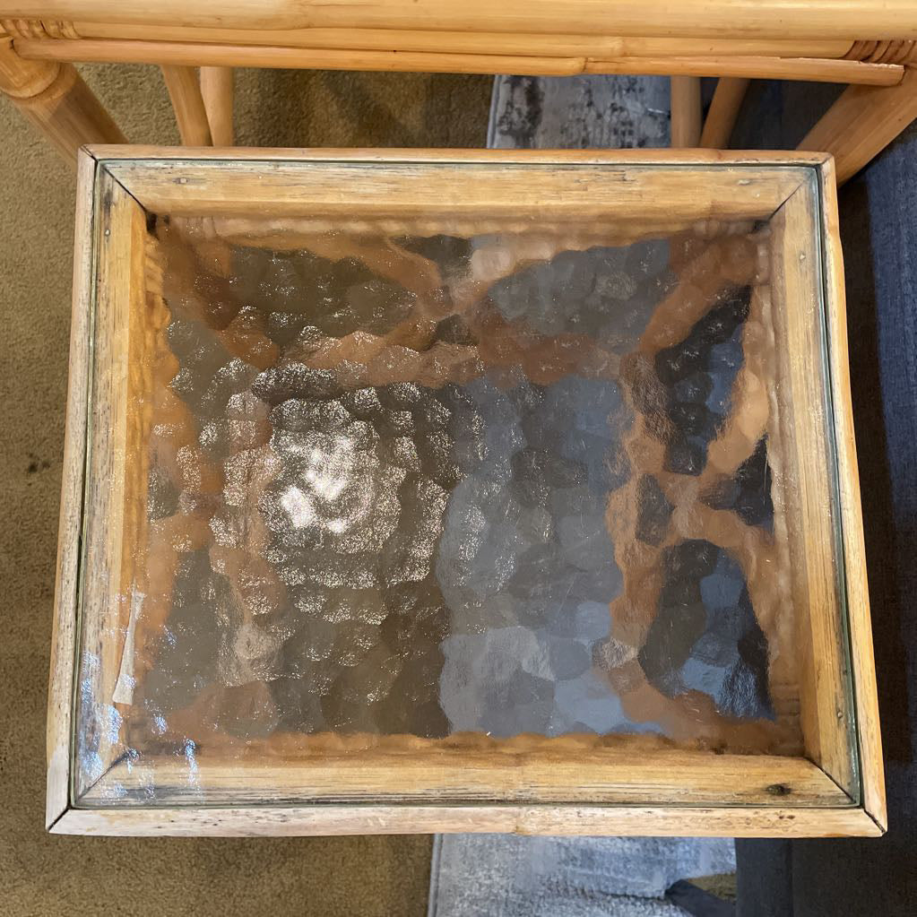 Rattan Nesting Tables w Textured Glass set of 2