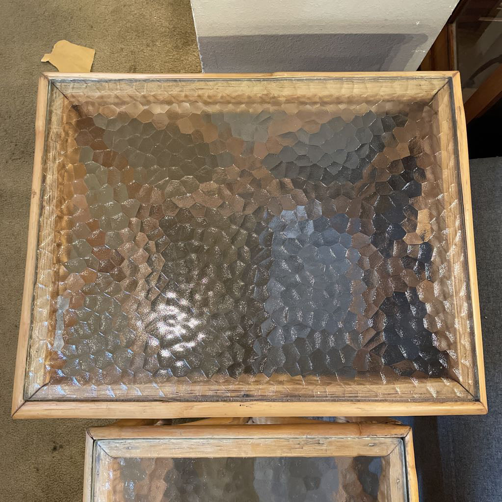 Rattan Nesting Tables w Textured Glass set of 2