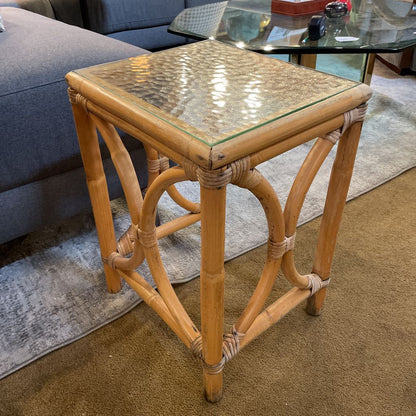 Rattan Nesting Tables w Textured Glass set of 2