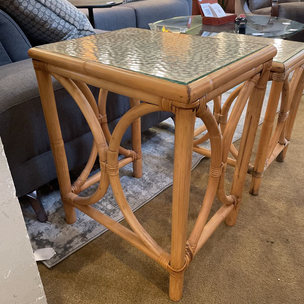 Rattan Nesting Tables w Textured Glass set of 2