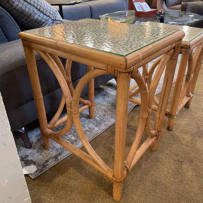 Rattan Nesting Tables w Textured Glass set of 2