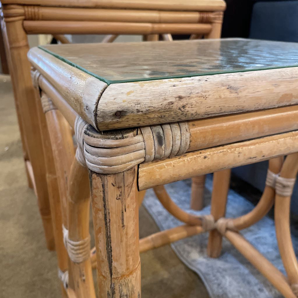 Rattan Nesting Tables w Textured Glass set of 2
