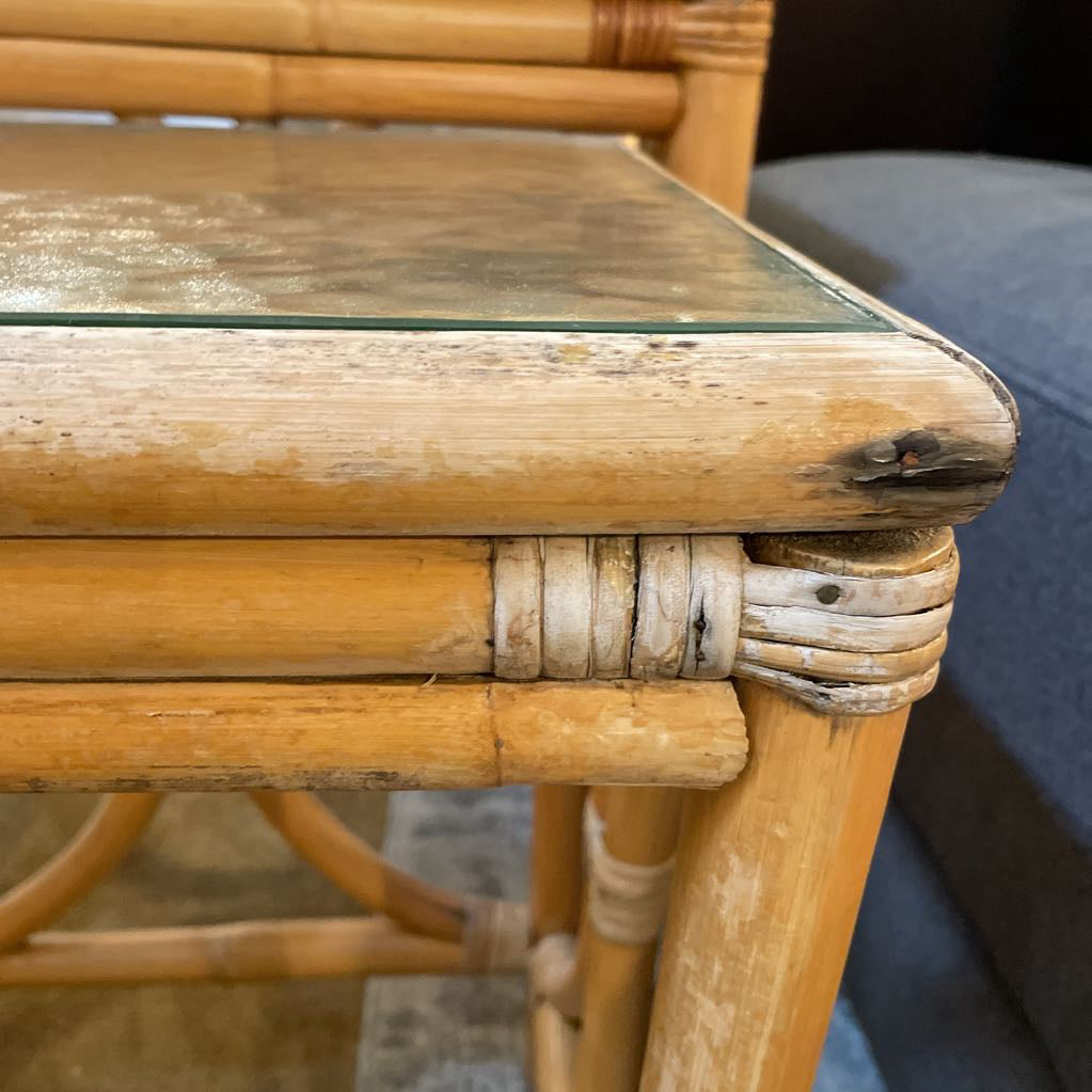 Rattan Nesting Tables w Textured Glass set of 2