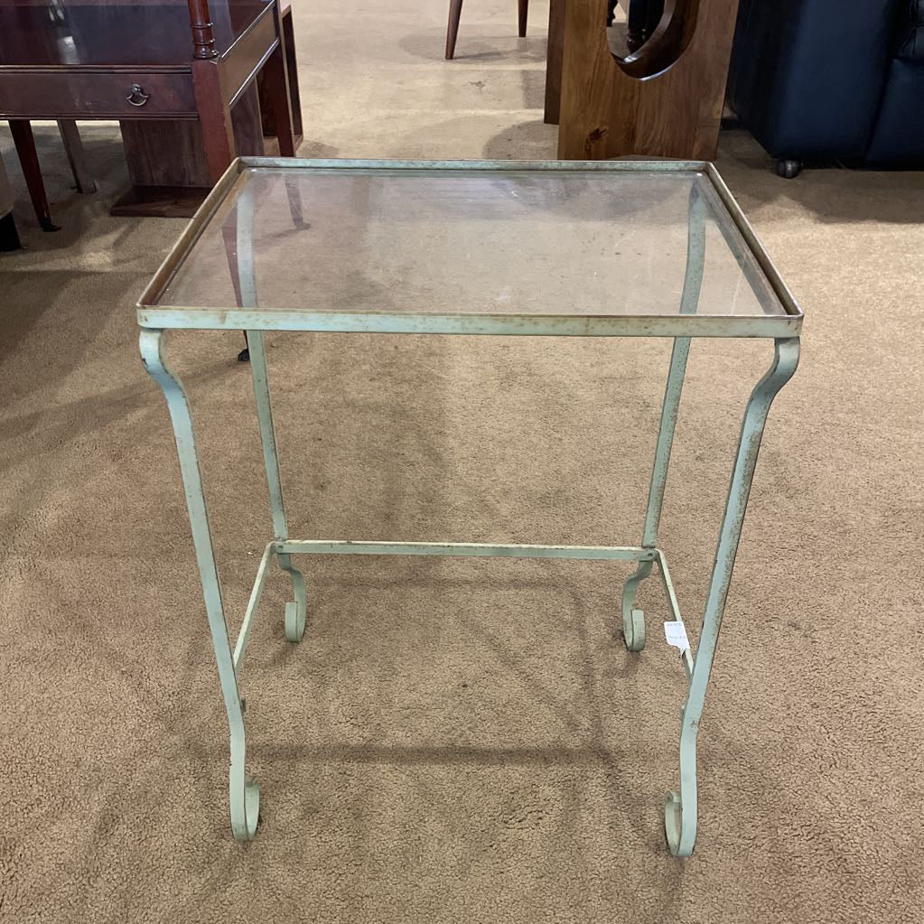 Small Green Curved Metal w Glass Top Plant Stand