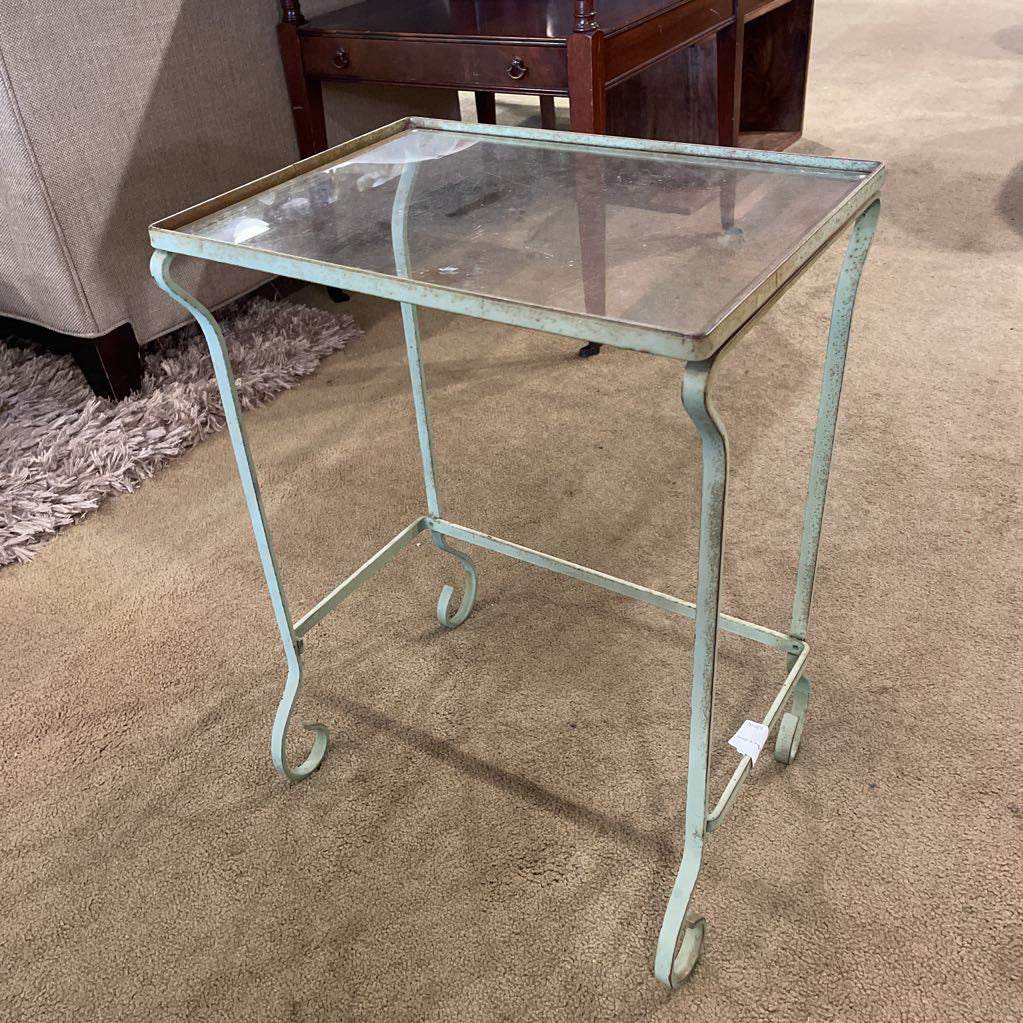 Small Green Curved Metal w Glass Top Plant Stand