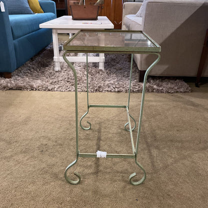 Small Green Curved Metal w Glass Top Plant Stand