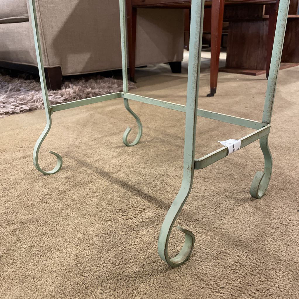 Small Green Curved Metal w Glass Top Plant Stand