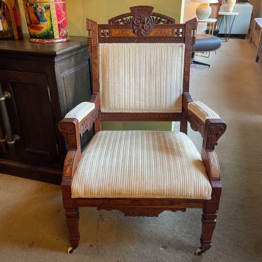 Antique Eastlake Burled Wood Arm Chair with Striped Velvet Fabric U ACCENT CHAIRS