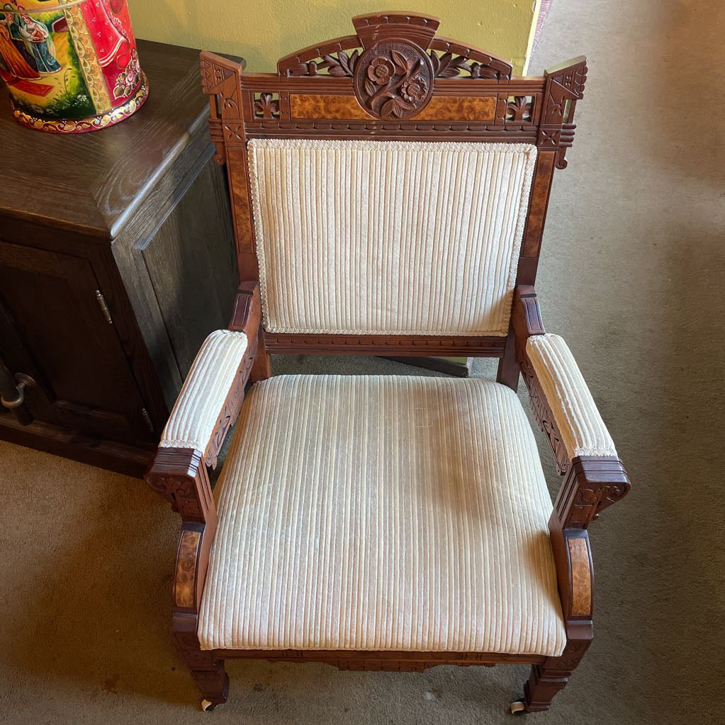 Antique Eastlake Burled Wood Arm Chair with Striped Velvet Fabric U ACCENT CHAIRS