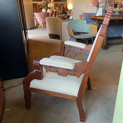 Antique Eastlake Burled Wood Arm Chair with Striped Velvet Fabric U ACCENT CHAIRS