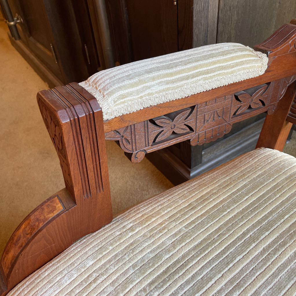 Antique Eastlake Burled Wood Arm Chair with Striped Velvet Fabric U ACCENT CHAIRS
