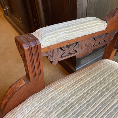 Antique Eastlake Burled Wood Arm Chair with Striped Velvet Fabric U ACCENT CHAIRS