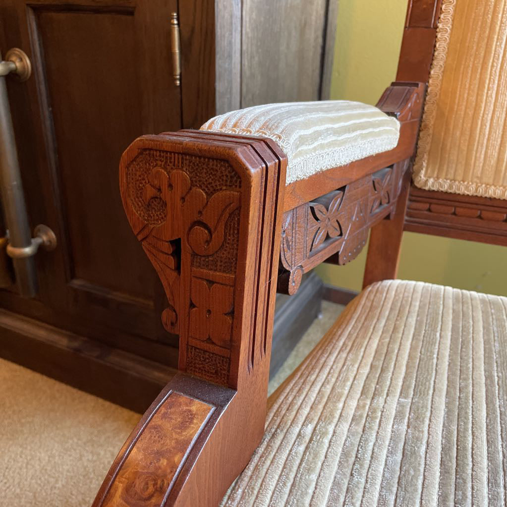 Antique Eastlake Burled Wood Arm Chair with Striped Velvet Fabric U ACCENT CHAIRS